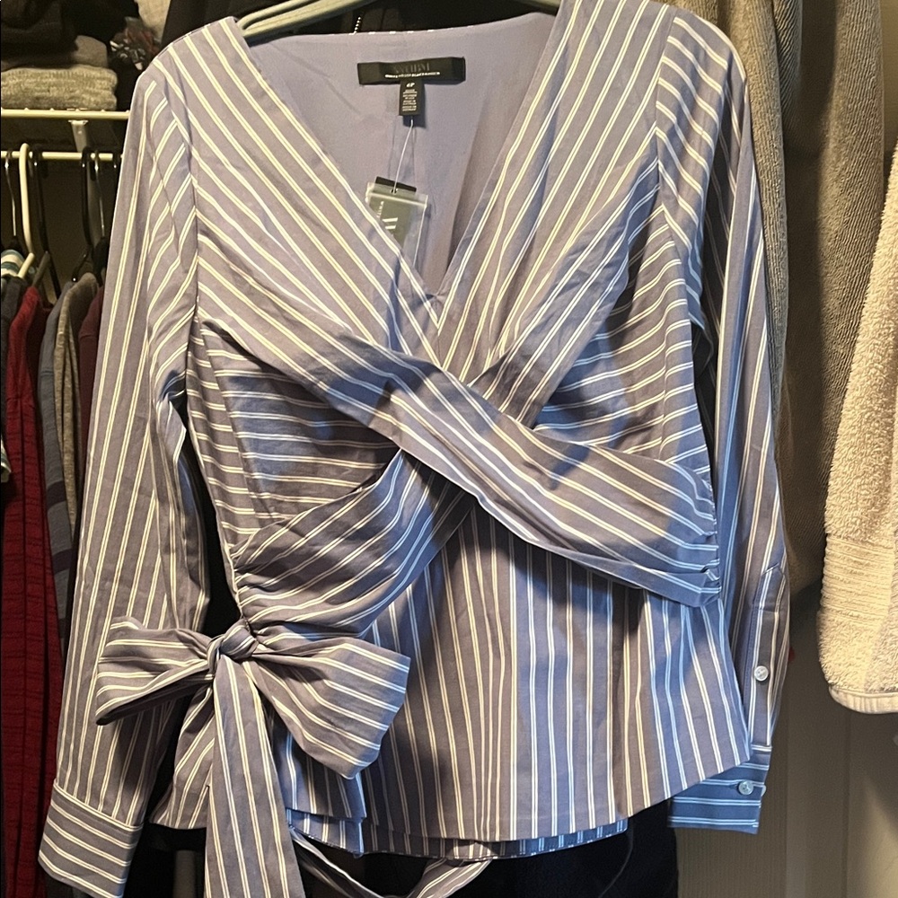 WHBM Blue Striped Wrap Blouse